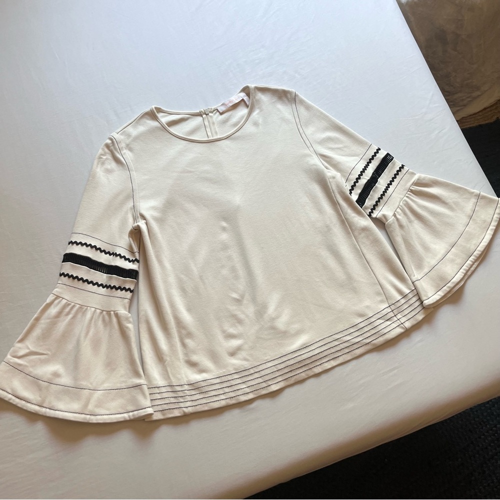 SEE‎ BY CHLOE ivory cream knit zig zag lattice trim bell sleeve top